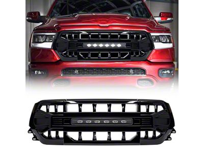 American Modified Armor Upper Replacement Grille with Off-Road Lights; Glossy Black (19-24 RAM 1500 Big Horn, Laramie, Lone Star, Tradesman)