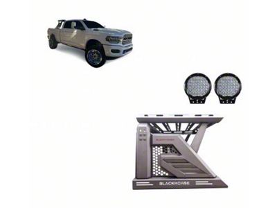 Armour II Roll Bar with 9-Inch Black Round Flood LED Lights and Basket; Black (15-24 RAM 1500 w/o RAM Box)