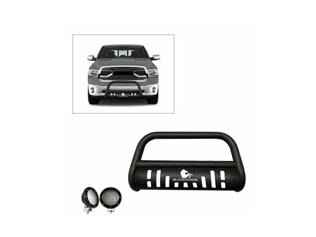 Bull Bar with Skid Plate and 5.30-Inch Black Round Flood LED Lights; Textured Black (09-18 RAM 1500, Excluding Rebel)