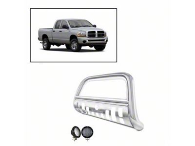 Bull Bar with 5.30-Inch Black Round Flood LED Lights; Stainless Steel (02-08 RAM 1500)