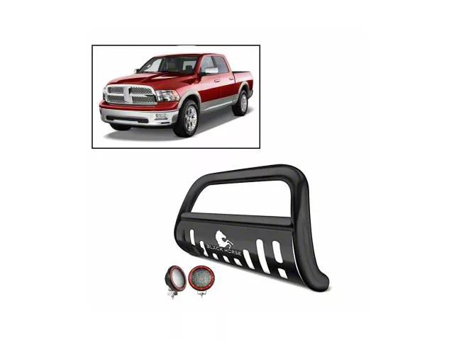 Bull Bar with 5.30-Inch Red Round Flood LED Lights and Skid Plate; Black (09-18 RAM 1500, Excluding Rebel)