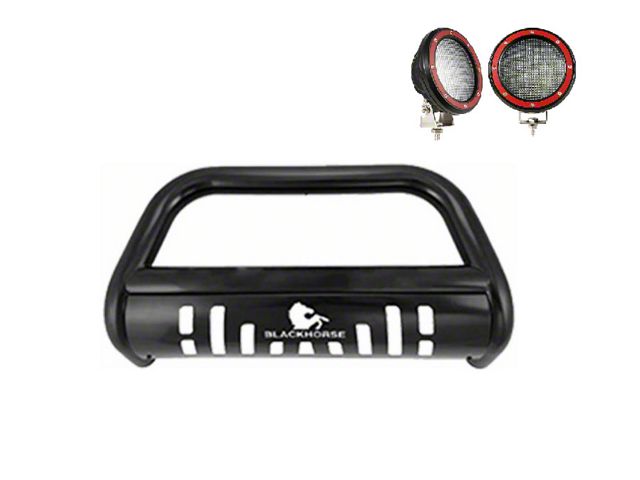 Bull Bar with 5.30-Inch Red Round Flood LED Lights and Skid Plate; Black (09-18 RAM 1500, Excluding Rebel)