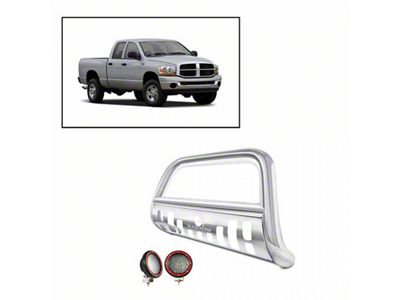 Bull Bar with 5.30-Inch Red Round Flood LED Lights and Skid Plate; Stainless Steel (02-08 RAM 1500)