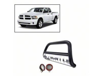 Bull Bar with 5.30-Inch Red Round Flood LED Lights and Stainless Steel Skid Plate; Black (09-18 RAM 1500, Excluding Rebel)