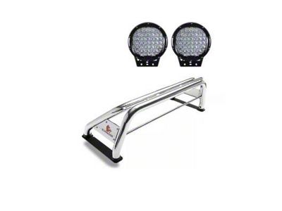 Classic Roll Bar for Tonneau Cover with 9-Inch Black Round Flood LED Lights; Stainless Steel (09-18 RAM 1500)