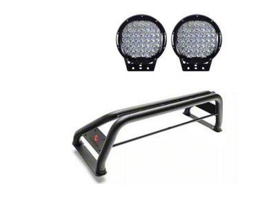 Classic Roll Bar for Tonneau Cover with 9-Inch Black Round Flood LED Lights; Black (09-18 RAM 1500)