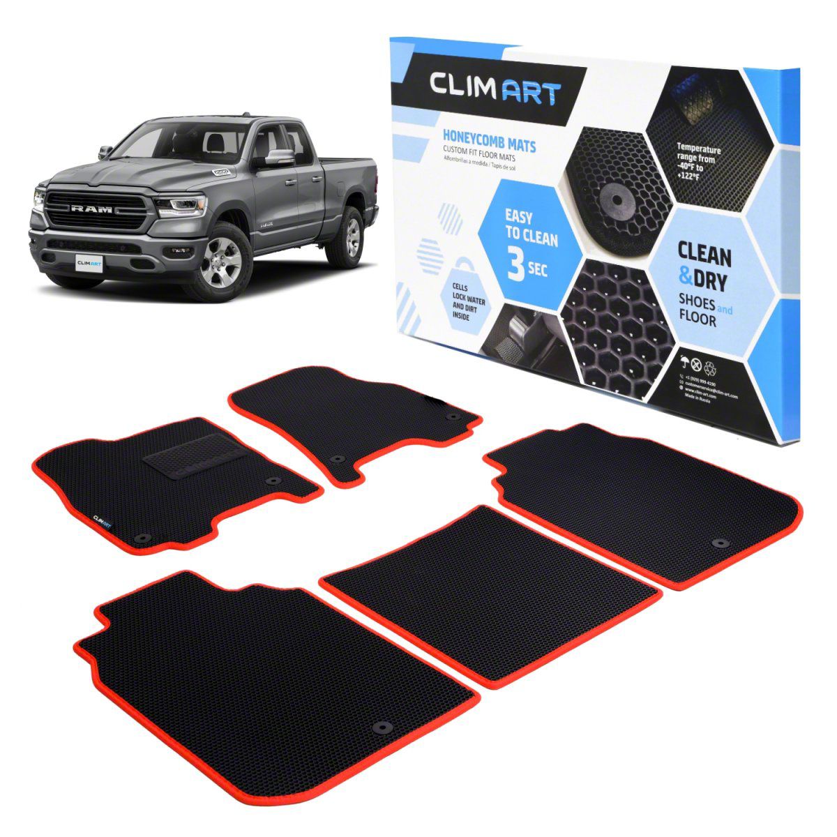 RAM 1500 Custom Fit Front and Rear Floor Liners; Black/Red (1923 RAM