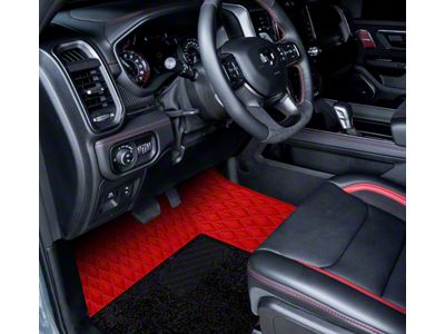 Double Layer Diamond Front and Rear Floor Mats; Base Full Red and Top Layer Black (19-24 RAM 1500 Quad Cab w/ Front Bucket Seats & Rear Underseat Storage)