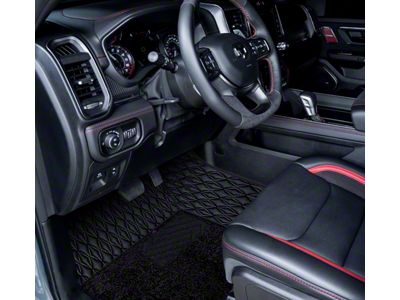 Double Layer Diamond Front and Rear Floor Mats; Base Layer Black and Top Layer Black (09-18 RAM 1500 Quad Cab w/ Front Bucket Seats)