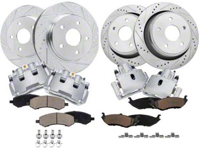 Drilled and Slotted 5-Lug Brake Rotor, Pad and Caliper Kit; Front and Rear (09-18 RAM 1500)