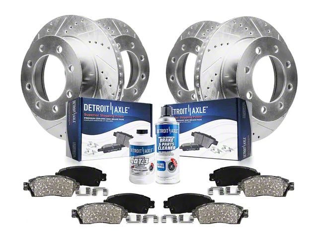 Drilled and Slotted 8-Lug Brake Rotor, Pad, Brake Fluid and Cleaner Kit; Front and Rear (2012 RAM 1500 Tradesman HD)