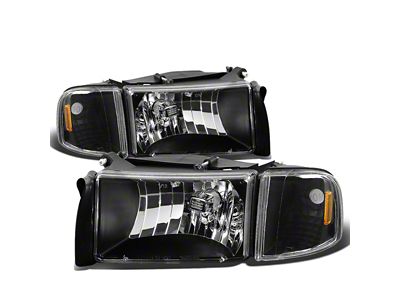Factory Style Headlights with Amber Corner; Black Housing; Clear Lens (94-01 RAM 1500, Excluding Sport)