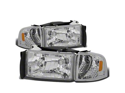 Factory Style Headlights with Amber Corner; Chrome Housing; Clear Lens (94-01 RAM 1500, Excluding Sport)