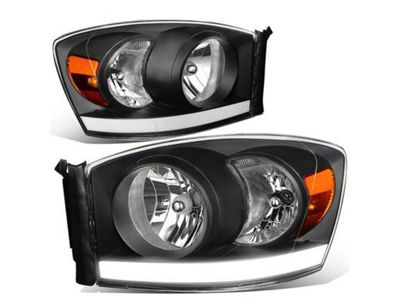 Factory Style Headlights with LED DRL; Black Housing; Clear Lens (06-08 RAM 1500)