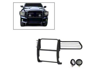 Modular Grille Guard with 5.30-Inch Black Round Flood LED Lights; Black (09-18 RAM 1500, Excluding Rebel)