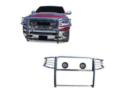 Modular Grille Guard with 5.30-Inch Black Round Flood LED Lights; Stainless Steel (19-24 RAM 1500, Excluding EcoDiesel, Rebel & TRX)