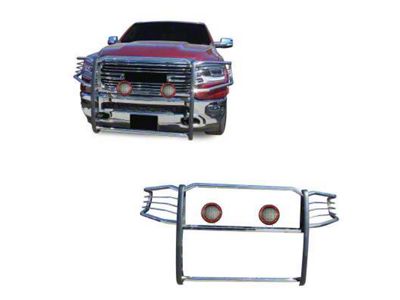 Modular Grille Guard with 5.30-Inch Red Round Flood LED Lights; Stainless Steel (19-24 RAM 1500, Excluding EcoDiesel, Rebel & TRX)