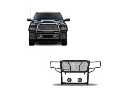 Rugged Heavy Duty Grille Guard with 5.30-Inch Black Round Flood LED Lights; Black (09-18 RAM 1500, Excluding Rebel)