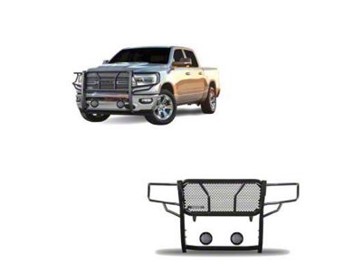 Rugged Heavy Duty Grille Guard with 5.30-Inch Black Round Flood LED Lights; Black (19-24 RAM 1500, Excluding EcoDiesel, Rebel & TRX)