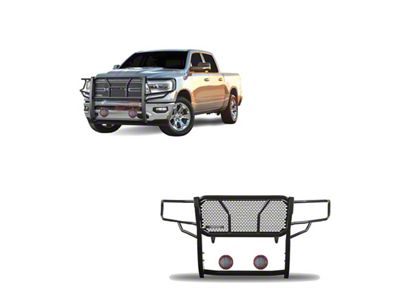 Rugged Heavy Duty Grille Guard with 5.30-Inch Red Round Flood LED Lights; Black (19-24 RAM 1500, Excluding EcoDiesel, Rebel & TRX)