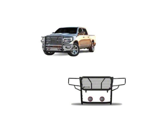 Rugged Heavy Duty Grille Guard with 5.30-Inch Red Round Flood LED Lights; Black (19-24 RAM 1500, Excluding EcoDiesel, Rebel & TRX)