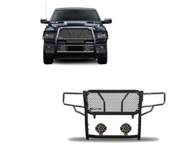 Rugged Heavy Duty Grille Guard with 7-Inch Black Round Flood LED Lights; Black (09-18 RAM 1500, Excluding Rebel)