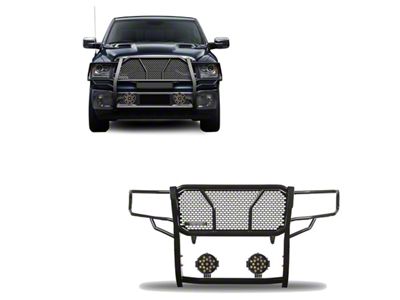 Rugged Heavy Duty Grille Guard with 7-Inch Black Round Flood LED Lights; Black (09-18 RAM 1500, Excluding Rebel)