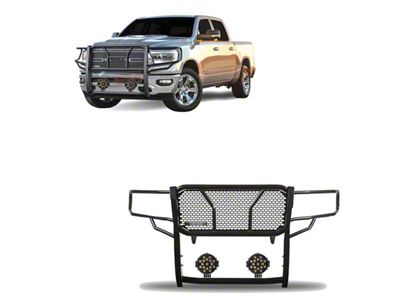 Rugged Heavy Duty Grille Guard with 7-Inch Black Round Flood LED Lights; Black (19-24 RAM 1500, Excluding EcoDiesel, Rebel & TRX)