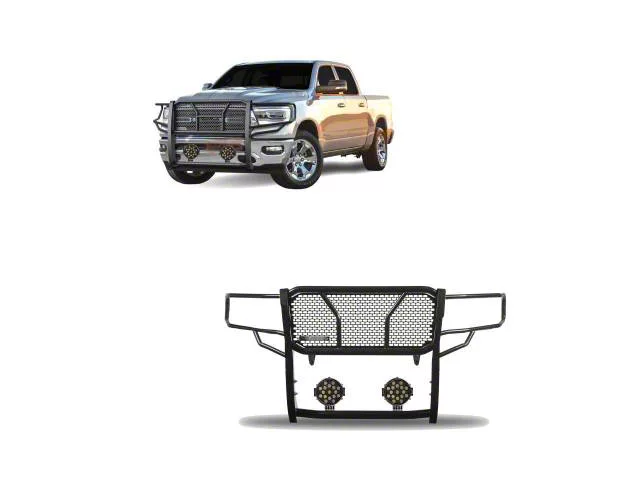 Rugged Heavy Duty Grille Guard with 7-Inch Black Round Flood LED Lights; Black (19-24 RAM 1500, Excluding EcoDiesel, Rebel & TRX)