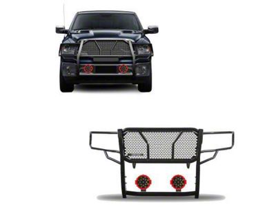 Rugged Heavy Duty Grille Guard with 7-Inch Red Round Flood LED Lights; Black (09-18 RAM 1500, Excluding Rebel)