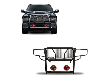 Rugged Heavy Duty Grille Guard with 7-Inch Red Round Flood LED Lights; Black (09-18 RAM 1500, Excluding Rebel)