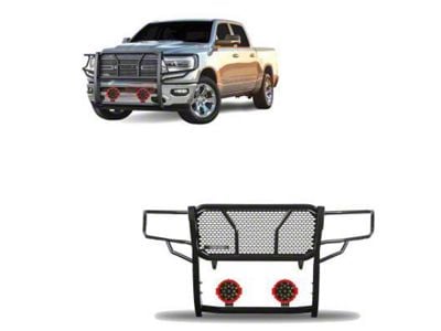Rugged Heavy Duty Grille Guard with 7-Inch Red Round Flood LED Lights; Black (19-24 RAM 1500, Excluding EcoDiesel, Rebel & TRX)