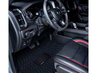 Single Layer Diamond Front and Rear Floor Mats; Black and Blue Stitching (19-24 RAM 1500 Crew Cab w/ Front Bucket Seats & Rear Underseat Storage)