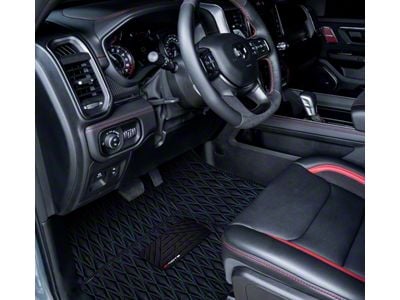 Single Layer Diamond Front and Rear Floor Mats; Black and Blue Stitching (19-24 RAM 1500 w/ Front Bucket Seats)