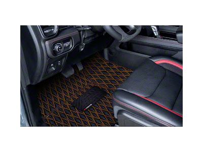 Single Layer Diamond Front and Rear Floor Mats; Black and Orange Stitching (09-18 RAM 1500 Crew Cab w/ Front Bucket Seats)