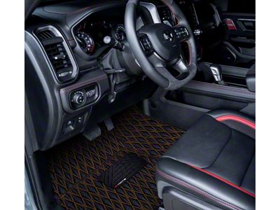 Single Layer Diamond Front and Rear Floor Mats; Black and Orange Stitching (19-24 RAM 1500 Crew Cab w/ Front Bucket Seats & Rear Underseat Storage)