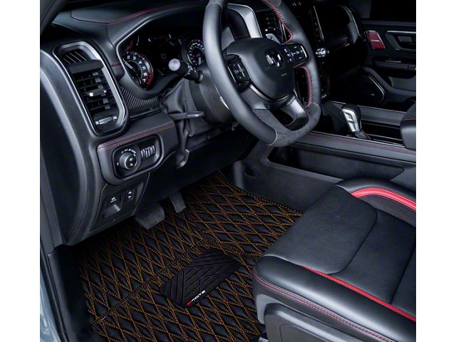 Single Layer Diamond Front and Rear Floor Mats; Black and Orange Stitching (19-24 RAM 1500 Crew Cab w/ Front Bucket Seats)
