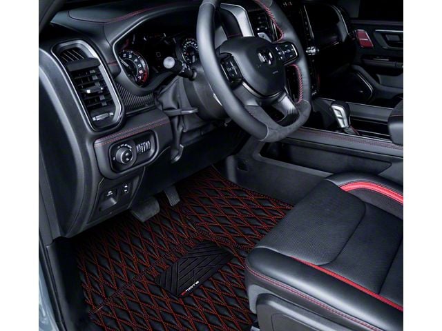 Single Layer Diamond Floor Mats; Black and Red Stitching (09-18 RAM 1500 Regular Cab w/ Bucket Seats)