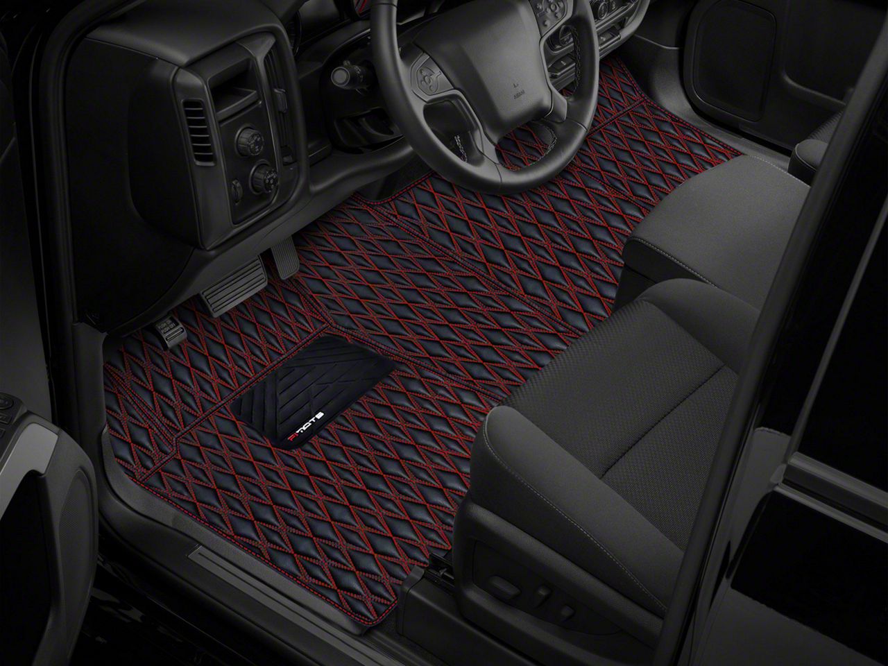 RAM 1500 Single Layer Diamond Floor Mats; Black and Red Stitching (19