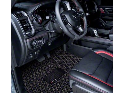 Single Layer Diamond Floor Mats; Black and White Stitching (09-18 RAM 1500 Regular Cab w/ Bucket Seats)