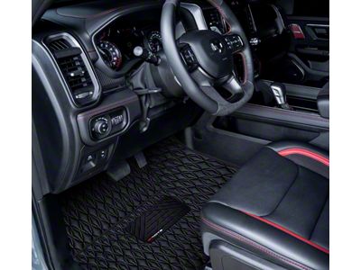 Single Layer Diamond Front and Rear Floor Mats; Black and Black Stitching (19-24 RAM 1500 Crew Cab w/ Front Bucket Seats & Rear Underseat Storage)