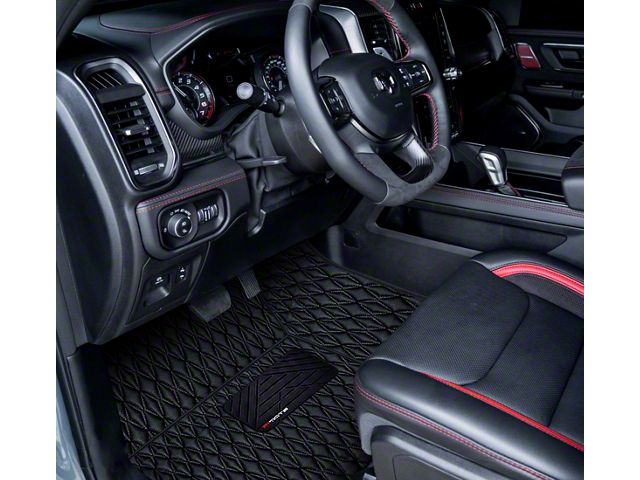 Single Layer Diamond Front and Rear Floor Mats; Black and Black Stitching (19-24 RAM 1500 Crew Cab w/ Front Bucket Seats)