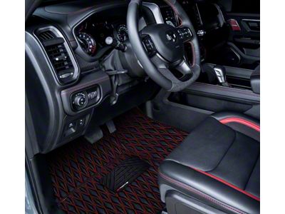 Single Layer Diamond Front and Rear Floor Mats; Black and Red Stitching (19-24 RAM 1500 Crew Cab w/ Front Bucket Seats)