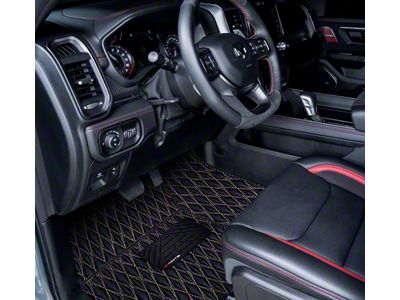 Single Layer Diamond Front and Rear Floor Mats; Black and White Stitching (09-18 RAM 1500 Quad Cab w/ Front Bucket Seats)