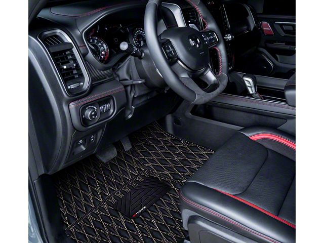 Single Layer Diamond Front and Rear Floor Mats; Black and White Stitching (19-24 RAM 1500 Crew Cab w/ Front Bucket Seats & Rear Underseat Storage)
