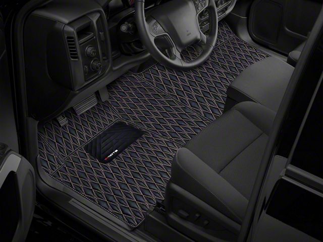 Single Layer Diamond Front and Rear Floor Mats; Black and White Stitching (19-23 RAM 1500 Crew Cab w/ Front Bench Seat & Rear Underseat Storage)