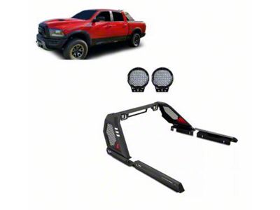 Vigor Roll Bar with 9-Inch Black Round LED Lights; Black (09-24 RAM 1500 w/o RAM Box)