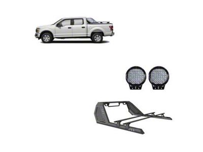 Vigor Roll Bar with Cross Bar and 9-Inch Black Round Flood LED Lights; Black (15-25 RAM 1500 w/o RAM Box)