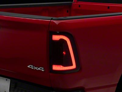 White LED Bar Tail Lights; Gloss Black Housing; Red Smoked Lens (19-24 RAM 1500 w/ Factory Halogen Tail Lights)