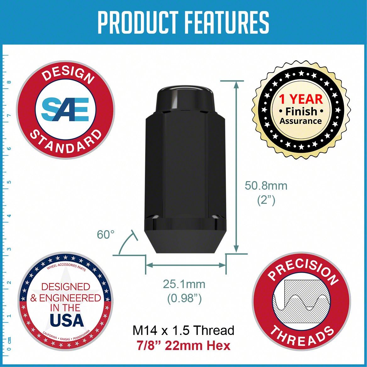 Bulge Acorn Lug Nut 14x1.5 Black 3/4 Hex Flat Top